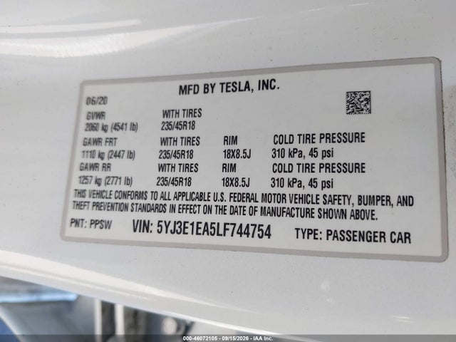 5YJ3E1EA5LF744754 Tesla Model 3 Standard Range Plus Rear-wheel Drive/standard Range Rear-wheel Drive