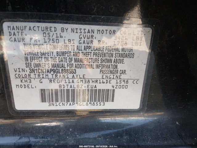 46072106 :رقم المزاد ، 3N1CN7AP9GL898553 vin ، 2016 Nissan Versa 1.6 S/1.6 S+/1.6 Sl/1.6 Sv مزاد بيع