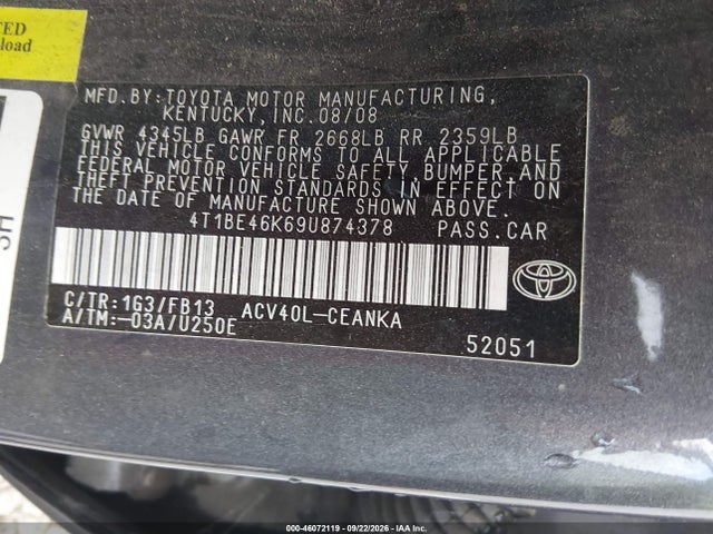 Aukcja sprzedaży 2009 Toyota Camry Le, vin: 4T1BE46K69U874378, numer aukcji: 46072119