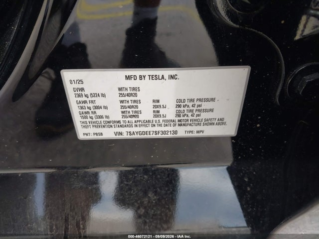 46072121 :رقم المزاد ، 7SAYGDEE7SF302130 vin ، 2025 Tesla Model Y Long Range Dual Motor All-wheel Drive مزاد بيع