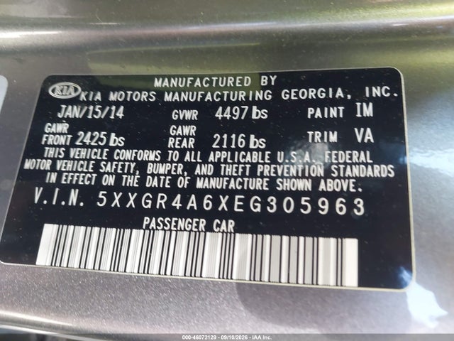 46072129 :رقم المزاد ، 5XXGR4A6XEG305963 vin ، 2014 Kia Optima Sx Turbo مزاد بيع