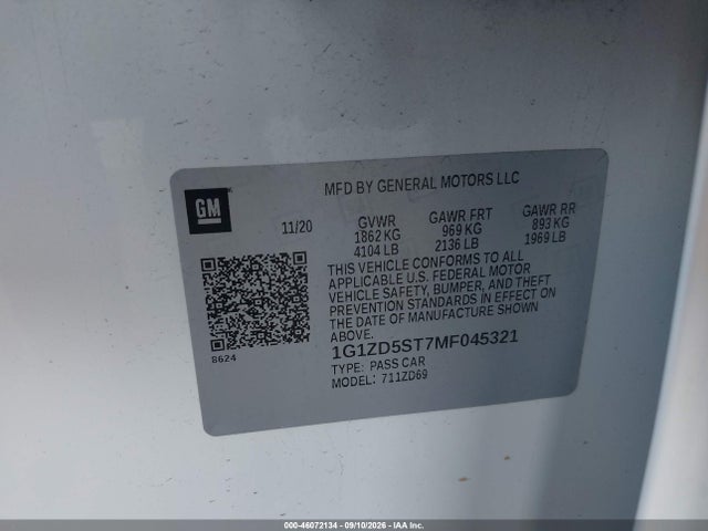Продажа на аукционе авто 2021 Chevrolet Malibu Fwd Lt, vin: 1G1ZD5ST7MF045321, номер лота: 46072134