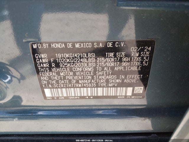 Продаж на аукціоні авто 2024 Honda Hr-v 2wd Ex-l/2wd Ex-l W/o Bsi, vin: 3CZRZ1H77RM745935, номер лоту: 46072140