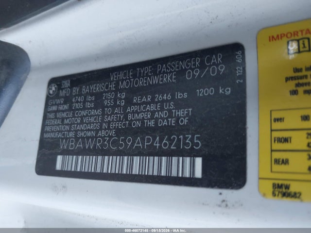 2010 Bmw 328i მანქანა იყიდება აუქციონზე, vin: WBAWR3C59AP462135, აუქციონის ნომერი: 46072145
