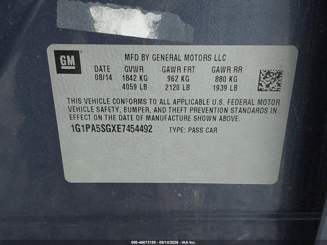 2014 Chevrolet Cruze Ls Auto მანქანა იყიდება აუქციონზე, vin: 1G1PA5SGXE7454492, აუქციონის ნომერი: 46072150