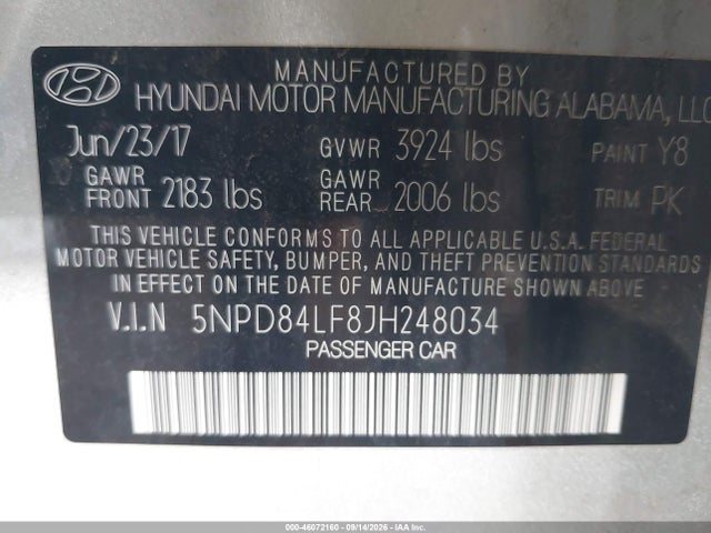 5NPD84LF8JH248034 Hyundai ELANTRA SEL