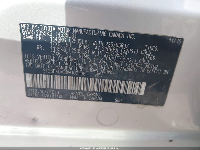 Продаж на аукціоні авто 2011 Toyota Rav4, vin: 2T3BF4DV3BW102136, номер лоту: 46072162