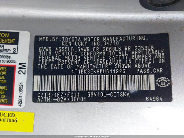 2011 Toyota Camry Se V6 მანქანა იყიდება აუქციონზე, vin: 4T1BK3EK9BU611926, აუქციონის ნომერი: 46072164
