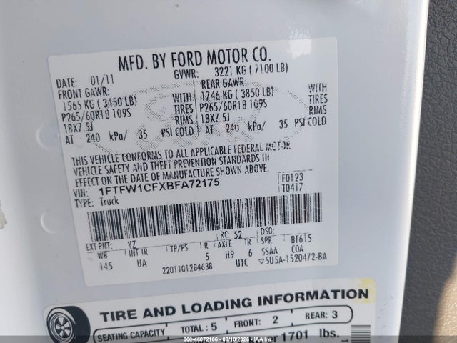 2011 Ford F-150 Xlt მანქანა იყიდება აუქციონზე, vin: 1FTFW1CFXBFA72175, აუქციონის ნომერი: 46072166