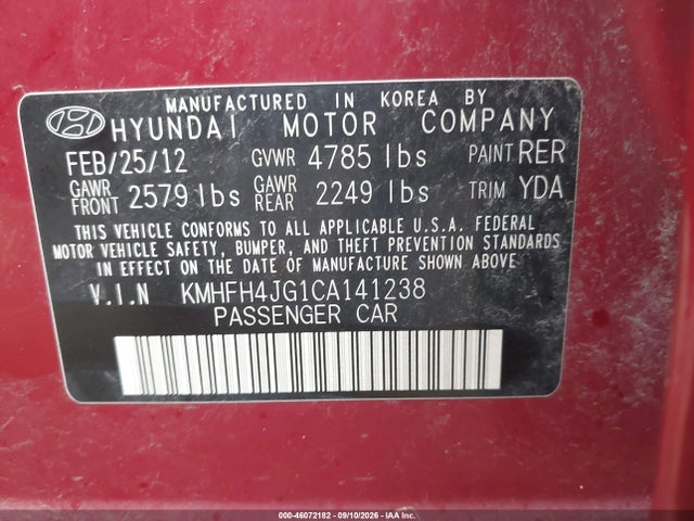 Aukcja sprzedaży 2012 Hyundai Azera, vin: KMHFH4JG1CA141238, numer aukcji: 46072182