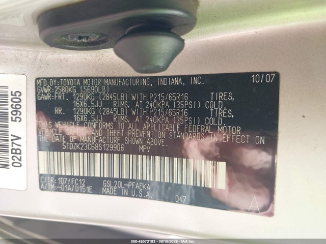 Aukcja sprzedaży 2008 Toyota Sienna Le, vin: 5TDZK23C68S129906, numer aukcji: 46072183