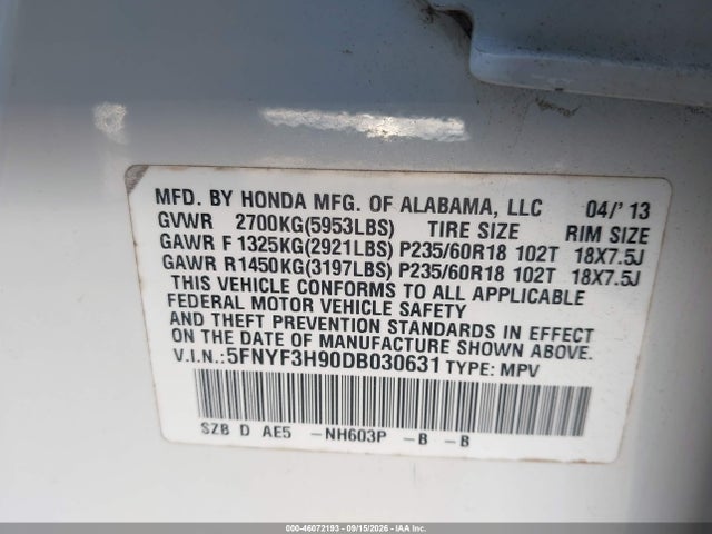 Продаж на аукціоні авто 2013 Honda Pilot Touring, vin: 5FNYF3H90DB030631, номер лоту: 46072193