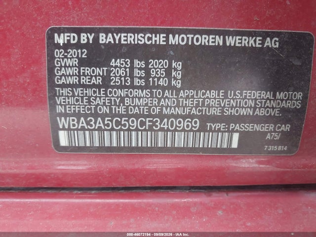 Продаж на аукціоні авто 2012 Bmw 328i, vin: WBA3A5C59CF340969, номер лоту: 46072194