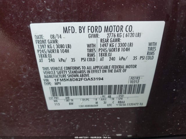 46072201 :رقم المزاد ، 1FM5K8D82FGA53194 vin ، 2015 Ford Explorer Xlt مزاد بيع