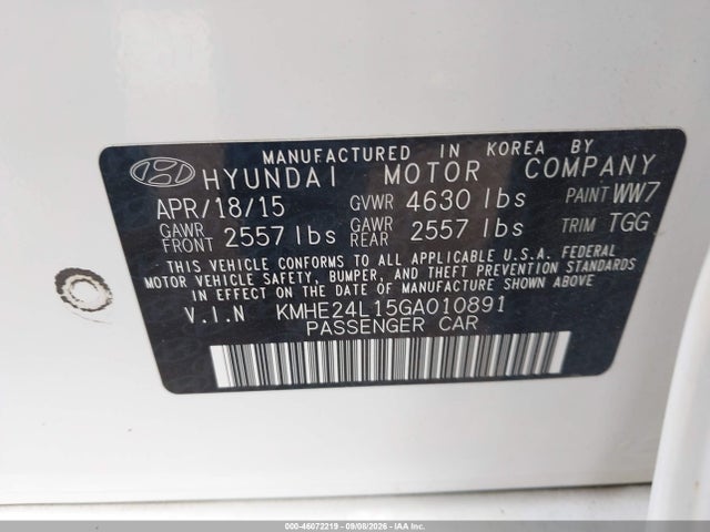 Aukcja sprzedaży 2016 Hyundai Sonata Hybrid Se, vin: KMHE24L15GA010891, numer aukcji: 46072219