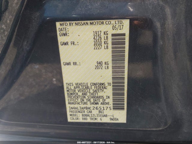 46072221 :رقم المزاد ، 1N4AL3AP8HC265175 vin ، 2017 Nissan Altima 2.5 Sv مزاد بيع