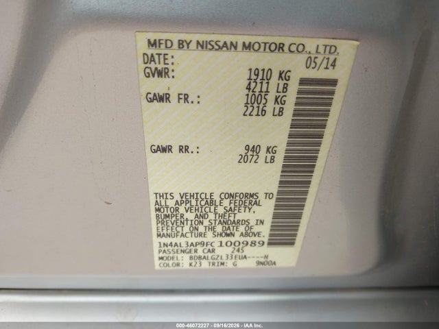 Aukcja sprzedaży 2015 Nissan Altima 2.5 S, vin: 1N4AL3AP9FC100989, numer aukcji: 46072227