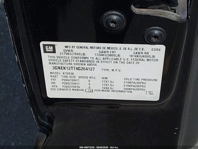 2004 Chevrolet Avalanche 1500 მანქანა იყიდება აუქციონზე, vin: 3GNEK12T74G264127, აუქციონის ნომერი: 46072236