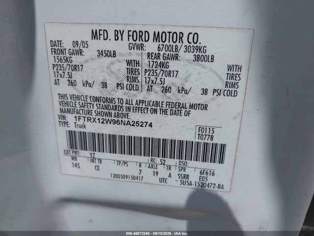 Продаж на аукціоні авто 2006 Ford F-150 Stx/xl/xlt, vin: 1FTRX12W96NA25274, номер лоту: 46072240