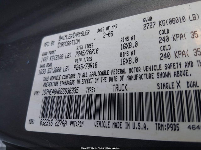 Aukcja sprzedaży 2006 Dodge Dakota Slt, vin: 1D7HE48N06S636335, numer aukcji: 46072242