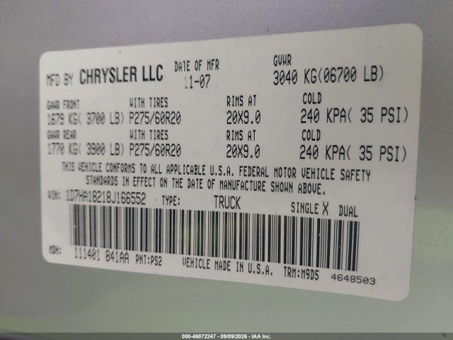 46072247 :رقم المزاد ، 1D7HA18218J166552 vin ، 2008 Dodge Ram 1500 Slt مزاد بيع