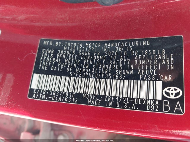 Продаж на аукціоні авто 2015 Toyota Corolla Le, vin: 5YFBURHE0FP351667, номер лоту: 46072248