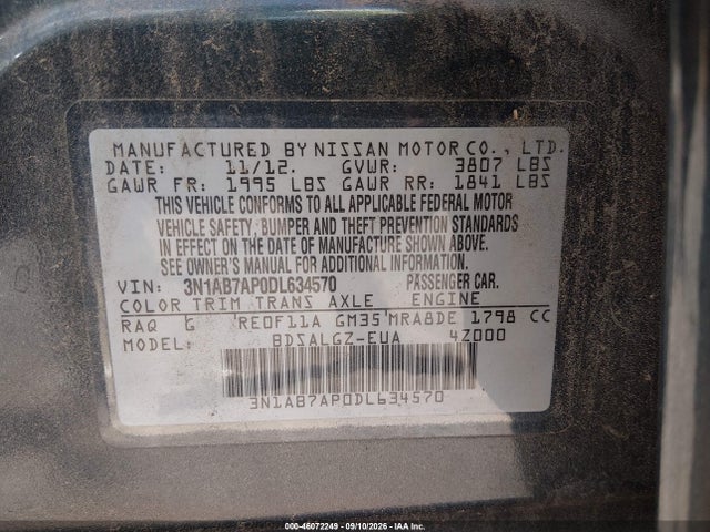 46072249 :رقم المزاد ، 3N1AB7AP0DL634570 vin ، 2013 Nissan Sentra Sl مزاد بيع