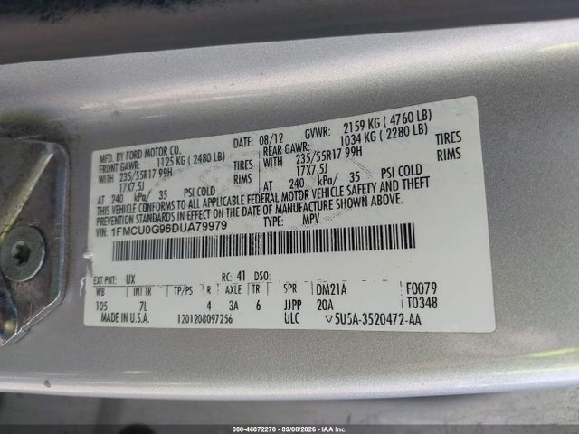 Продажа на аукционе авто 2013 Ford Escape Se, vin: 1FMCU0G96DUA79979, номер лота: 46072270