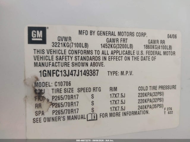 Продажа на аукционе авто 2007 Chevrolet Tahoe Lt, vin: 1GNFC13J47J149387, номер лота: 46072278