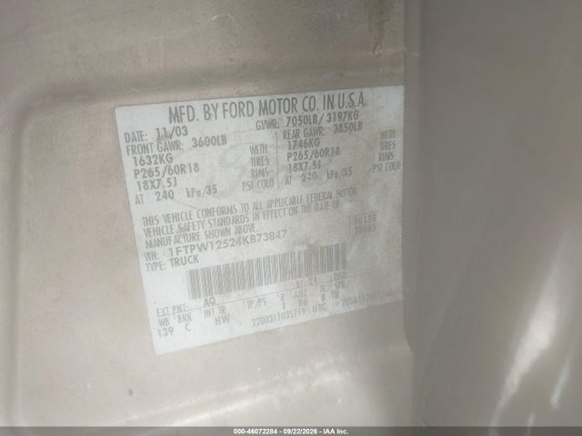 46072284 :رقم المزاد ، 1FTPW12524KB73847 vin ، 2004 Ford F-150 Lariat/xlt مزاد بيع