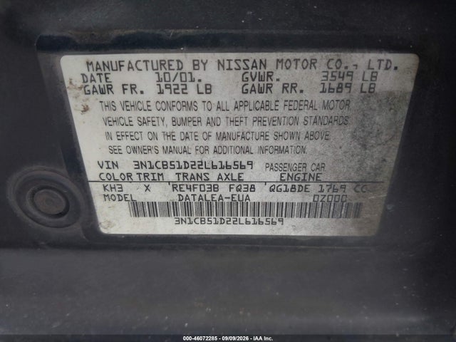 2002 Nissan Sentra Gxe მანქანა იყიდება აუქციონზე, vin: 3N1CB51D22L616569, აუქციონის ნომერი: 46072285