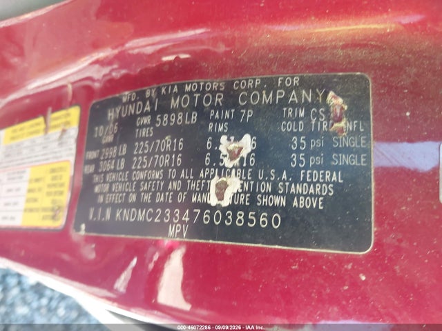46072286 :رقم المزاد ، KNDMC233476038560 vin ، 2007 Hyundai Entourage Gls/limited/se مزاد بيع