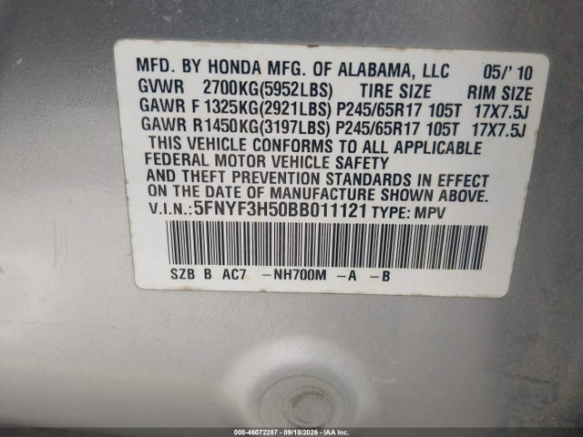 Продаж на аукціоні авто 2011 Honda Pilot Ex-l, vin: 5FNYF3H50BB011121, номер лоту: 46072287