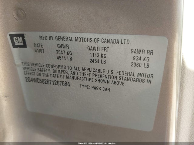 2007 Buick Lacrosse Cx მანქანა იყიდება აუქციონზე, vin: 2G4WC582671207684, აუქციონის ნომერი: 46072290