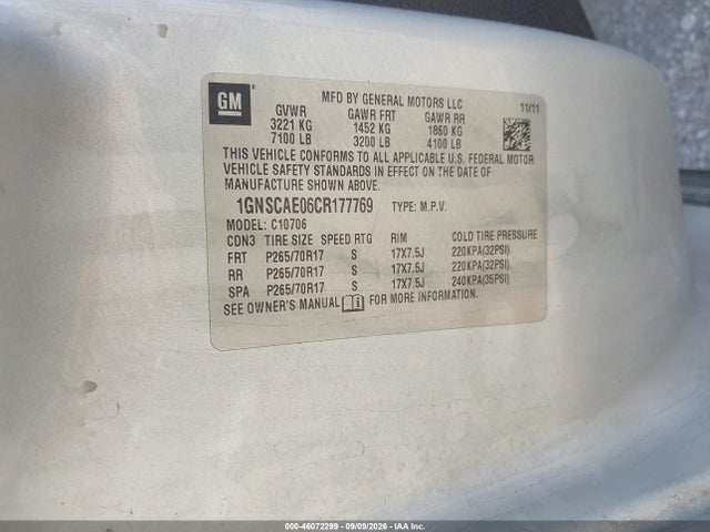 Продажа на аукционе авто 2012 Chevrolet Tahoe Ls, vin: 1GNSCAE06CR177769, номер лота: 46072299