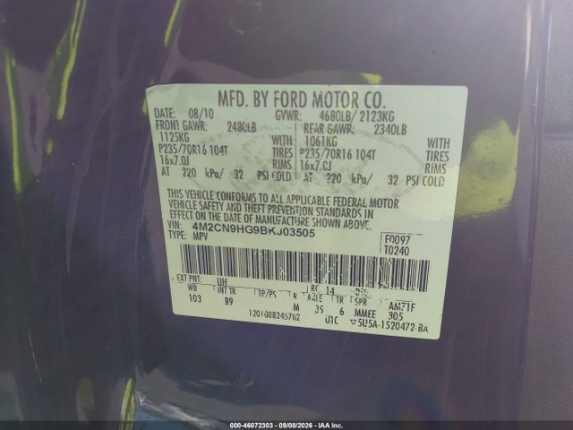 46072303 :رقم المزاد ، 4M2CN9HG9BKJ03505 vin ، 2011 Mercury Mariner Premier مزاد بيع