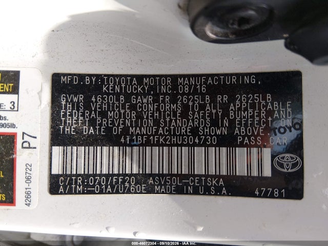 2017 Toyota Camry Se მანქანა იყიდება აუქციონზე, vin: 4T1BF1FK2HU304730, აუქციონის ნომერი: 46072304