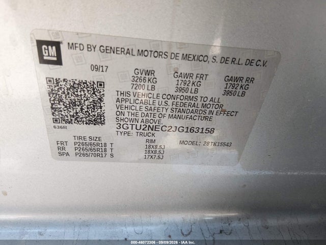 46072306 :رقم المزاد ، 3GTU2NEC2JG163158 vin ، 2018 Gmc Sierra 1500 Slt مزاد بيع