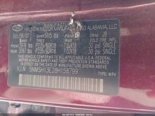 Продажа на аукционе авто 2008 Hyundai Santa Fe Limited/se, vin: 5NMSH13E28H158799, номер лота: 46072315