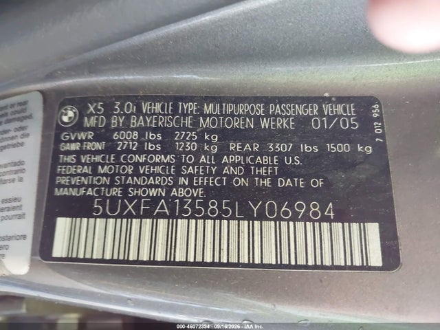 Продажа на аукционе авто 2005 Bmw X5 3.0i, vin: 5UXFA13585LY06984, номер лота: 46072334