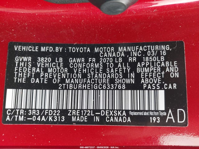 Продаж на аукціоні авто 2016 Toyota Corolla S Plus, vin: 2T1BURHE1GC633768, номер лоту: 46072337