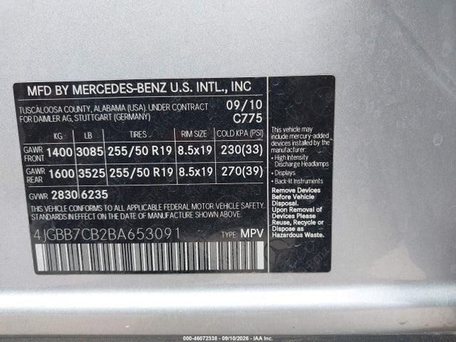 46072338 :رقم المزاد ، 4JGBB7CB2BA653091 vin ، 2011 Mercedes-benz Ml 550 4matic مزاد بيع