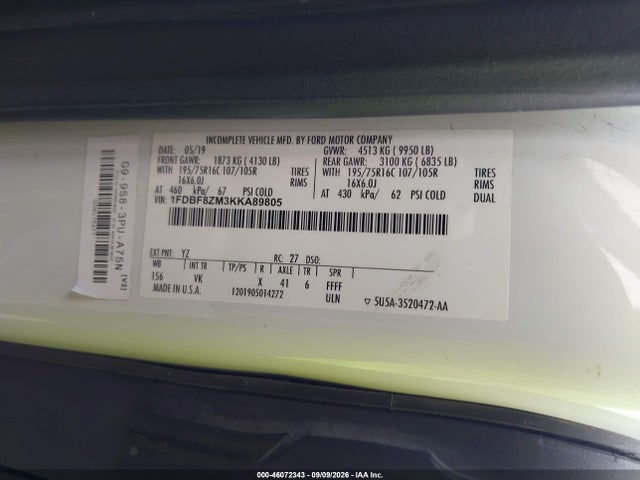 2019 Ford Transit-350 Cab მანქანა იყიდება აუქციონზე, vin: 1FDBF8ZM3KKA89805, აუქციონის ნომერი: 46072343
