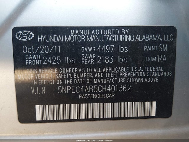 Продаж на аукціоні авто 2012 Hyundai Sonata Limited 2.0t, vin: 5NPEC4AB5CH401362, номер лоту: 46072350
