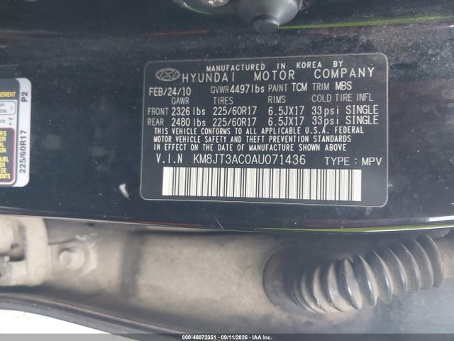 2010 Hyundai Tucson Gls მანქანა იყიდება აუქციონზე, vin: KM8JT3AC0AU071436, აუქციონის ნომერი: 46072351