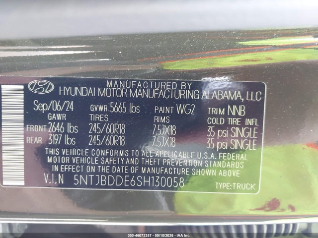2025 Hyundai Santa Cruz Sel მანქანა იყიდება აუქციონზე, vin: 5NTJBDDE6SH130058, აუქციონის ნომერი: 46072357