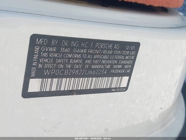 Продаж на аукціоні авто 2002 Porsche Boxster S, vin: WP0CB29822U662234, номер лоту: 46072361