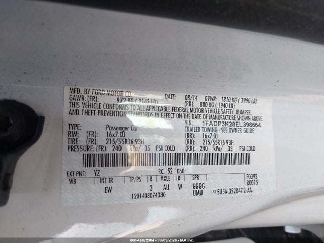 2014 Ford Focus Se მანქანა იყიდება აუქციონზე, vin: 1FADP3K28EL398664, აუქციონის ნომერი: 46072364