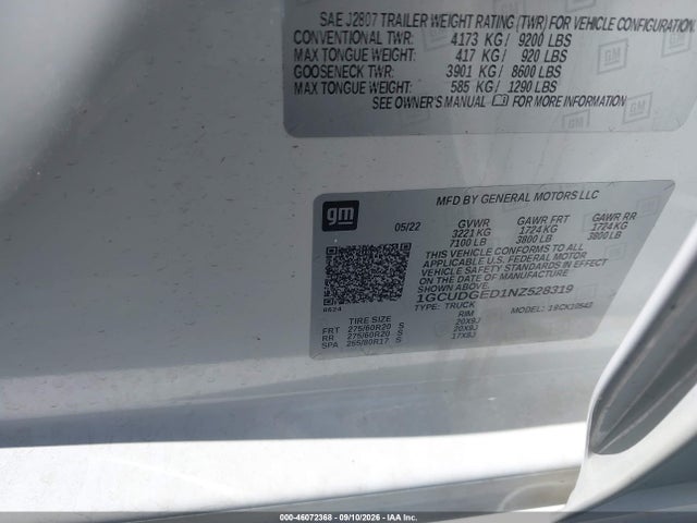 46072368 :رقم المزاد ، 1GCUDGED1NZ528319 vin ، 2022 Chevrolet Silverado 1500 4wd  Short Bed Ltz مزاد بيع