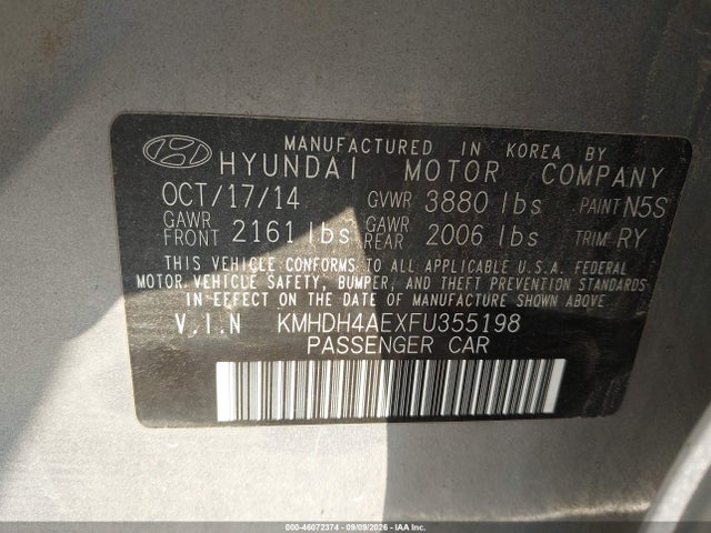 Aukcja sprzedaży 2015 Hyundai Elantra Se, vin: KMHDH4AEXFU355198, numer aukcji: 46072374